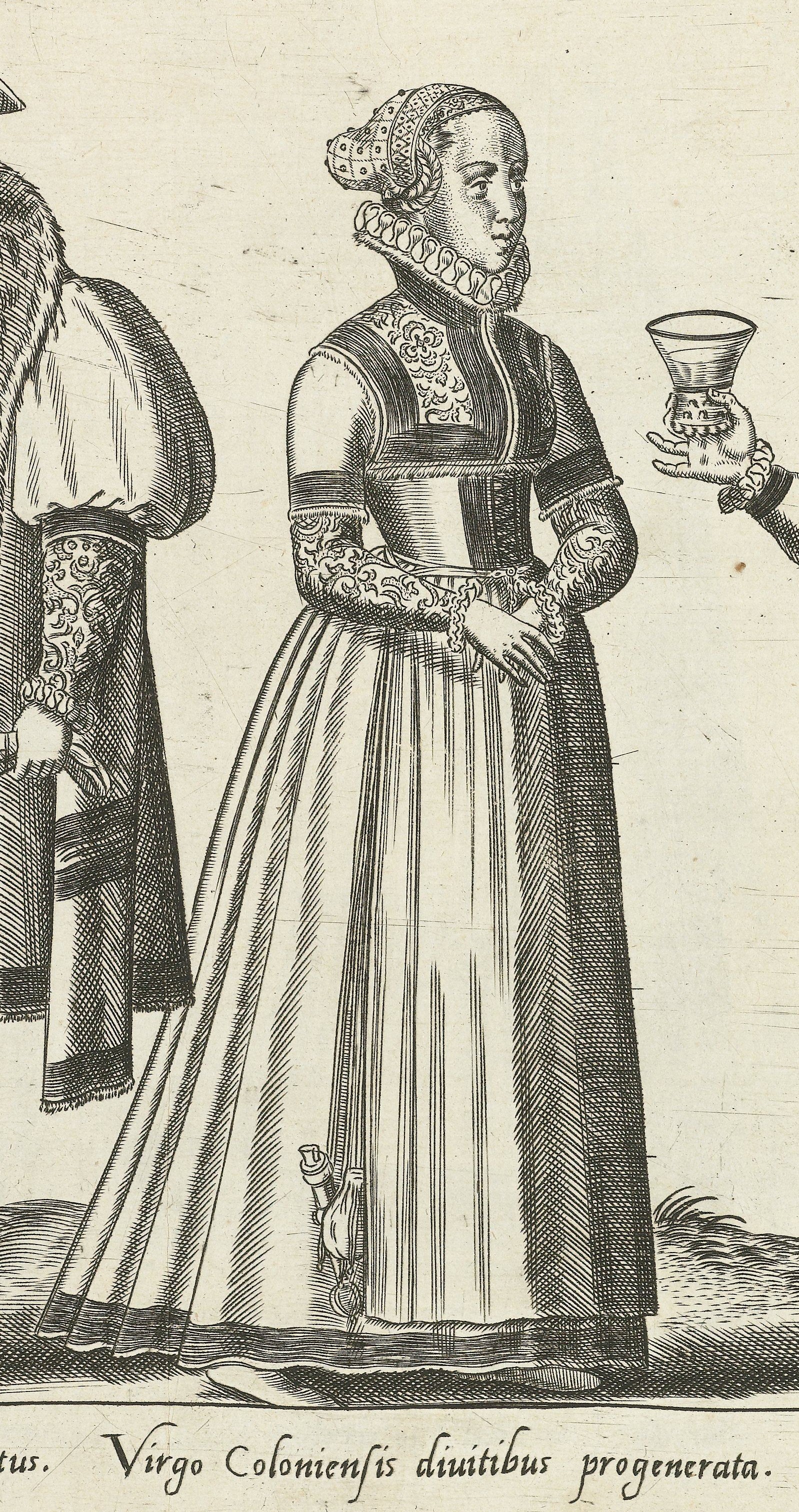 1581 Cologne, unmarried woman. Fig. 3, page 16, Omnium pene Europae, Asiae, Aphricae, Americae gentium habitus [...] de Bruyn. Rijsmuseum BI-1895-3811
